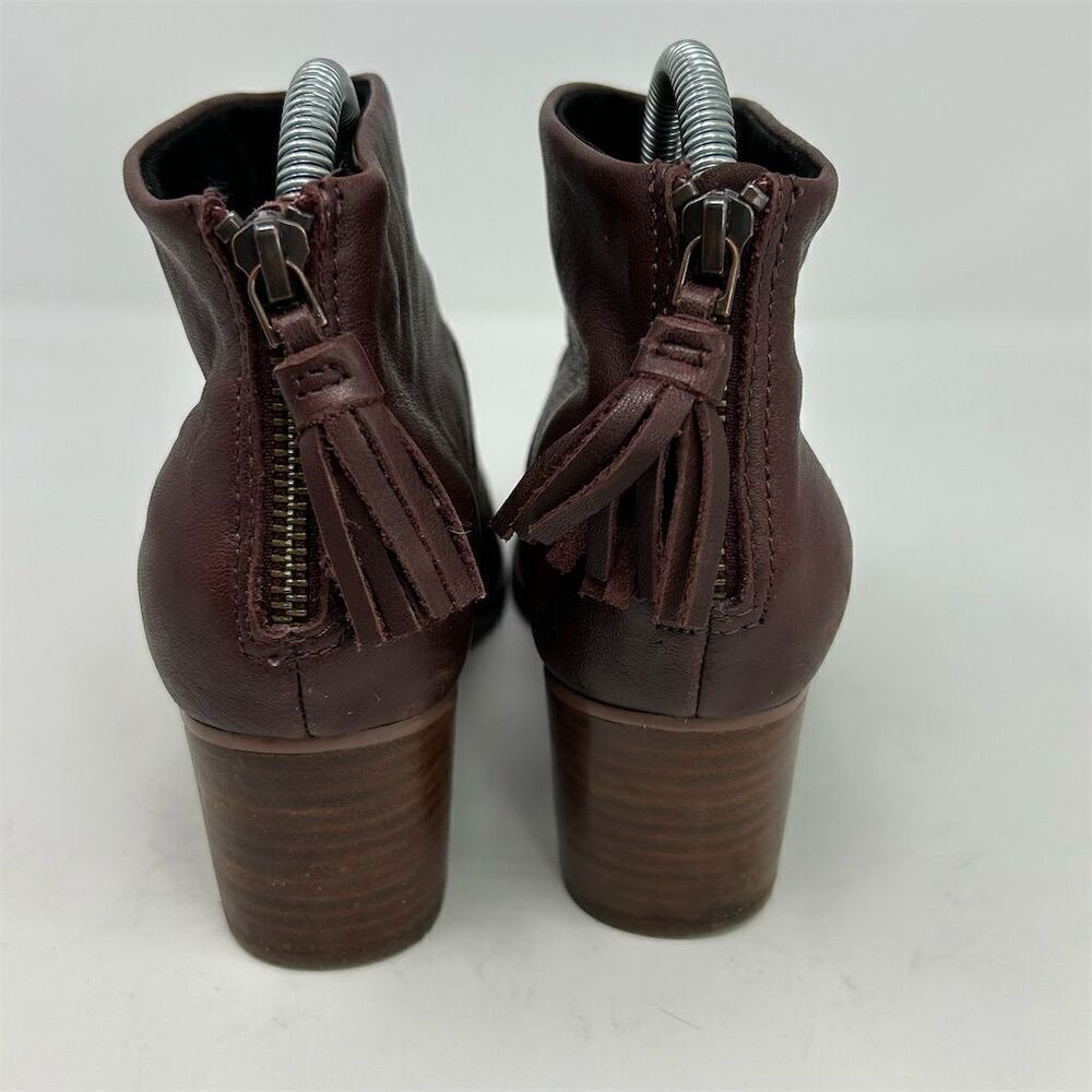 TOMS Leila Burgundy Red Leather Heel Ankle Booties Size 8 Back Zip Tassel - Picture 7 of 12